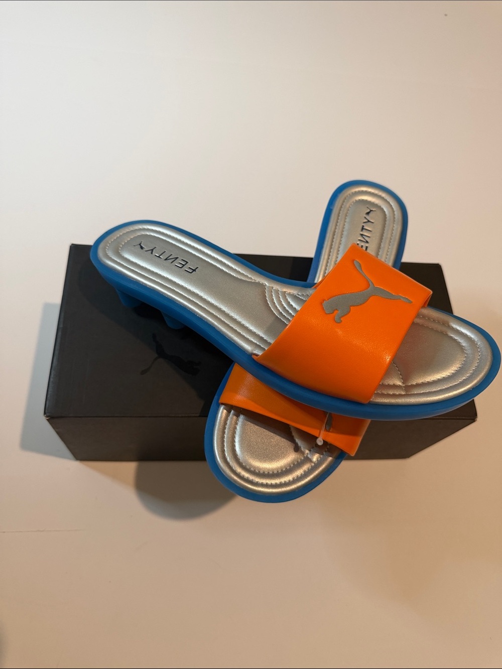 Puma Orange and Blue Slide Sandals with Silver Footbed
